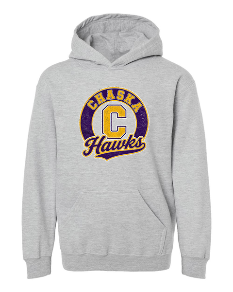 Chaska Hawks youth hoodie in athletic gray with hawk logo