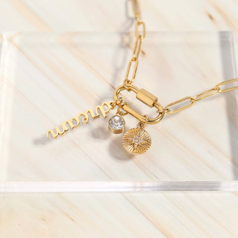 18K PVD Gold Carabiner "Dream" Paperclip Charm Necklace