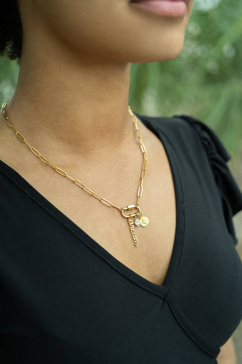 18K PVD Gold Carabiner "Dream" Paperclip Charm Necklace