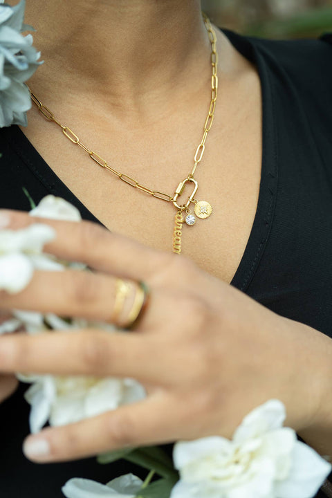 18K PVD Gold Carabiner "Dream" Paperclip Charm Necklace