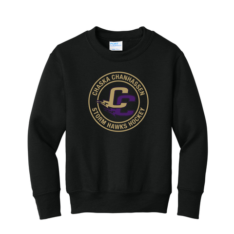 Youth Port & Co Fleece Crewneck Sweatshirt - CCHA Round Logo - Black