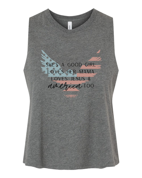 American Girl, Loves Jesus & America Too. Women's Cropped Tank Top