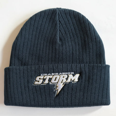 Dark blue knit beanie with a logo on a white background