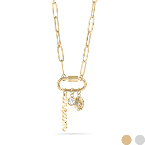 18K PVD Gold Carabiner "Dream" Paperclip Charm Necklace
