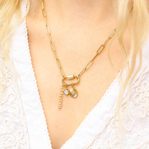 18K PVD Gold Carabiner "Dream" Paperclip Charm Necklace