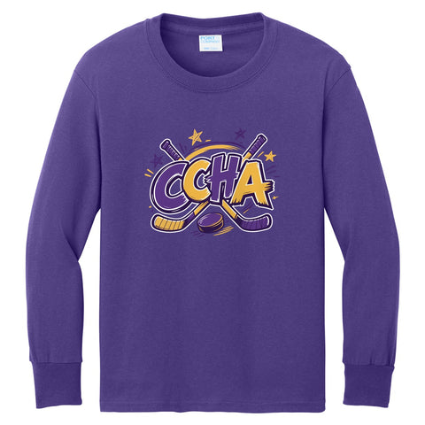 Youth Port & Co Long Sleeve Core Cotton Tee Purple - CCHA Hockey Scribbles